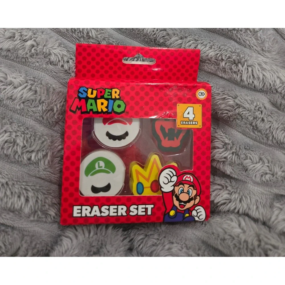Nintendo Super Mario 4 Piece Eraser Set Mario Luigi Peach Bowser New 716531MB
